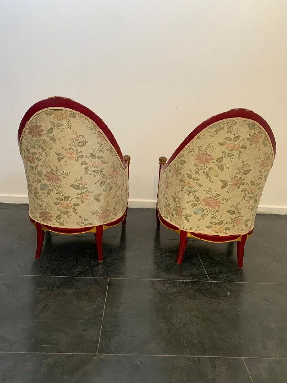 Pair Of Cardinal Red Lacquered Armchairs With Gold Details, 1930s photo vintage