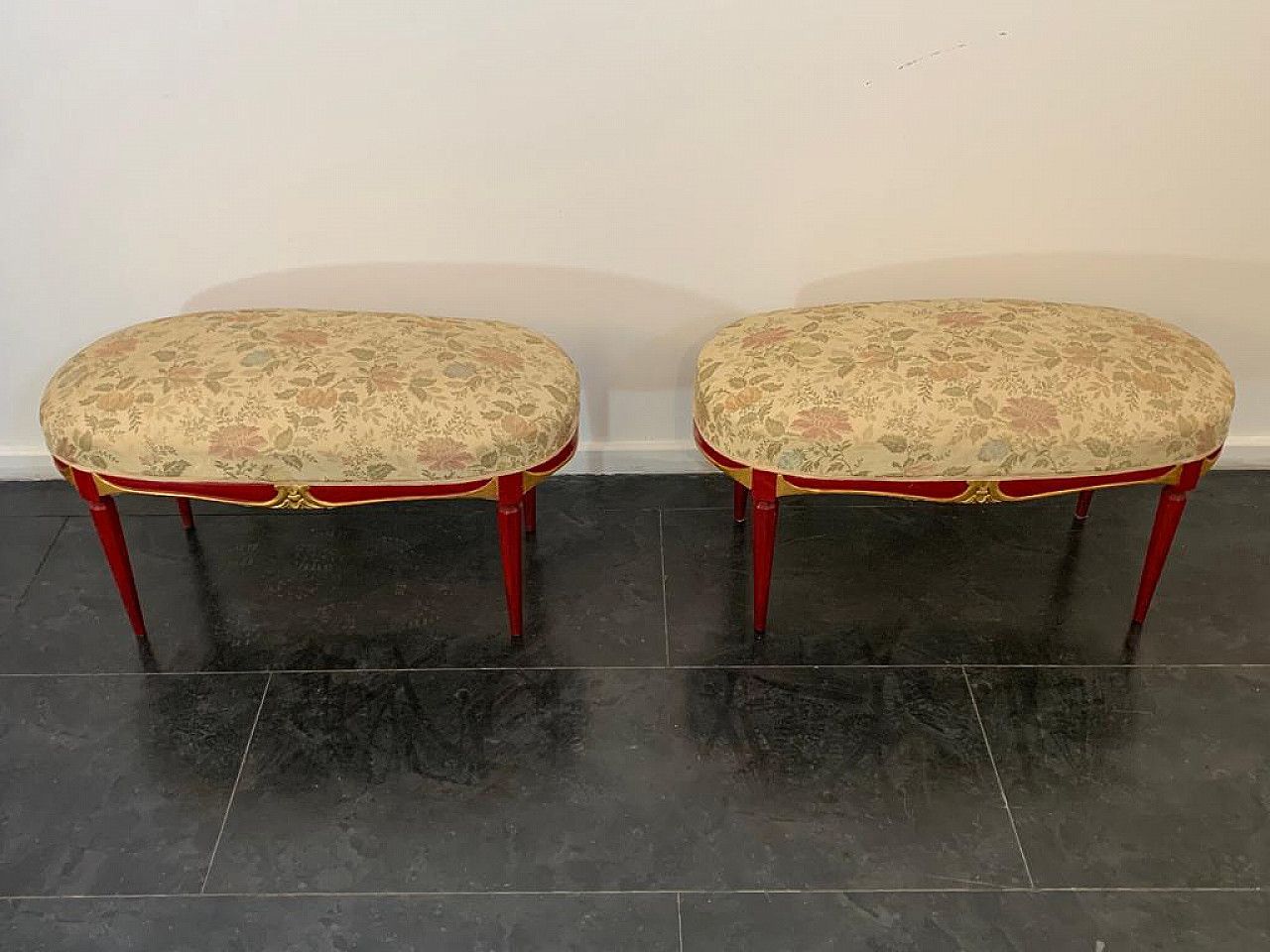 Cardinal Red Lacquered Art Deco Style Pouf With Gold Details, 1930s Previous photo for sale
