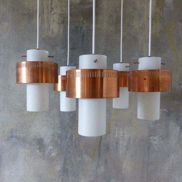 Scandinavian Ceiling Lamp Made Of Copper And Opal Glass. 1950   1960 photo Lighting