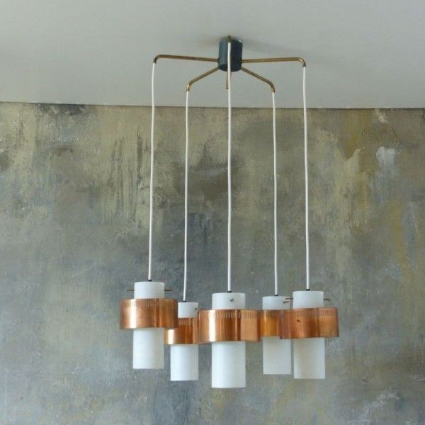 photo for sale Scandinavian Ceiling Lamp Made Of Copper And Opal Glass. 1950   1960