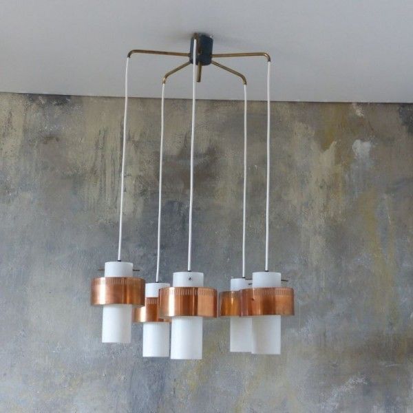 Lighting Scandinavian Ceiling Lamp Made Of Copper And Opal Glass. 1950   1960 photo