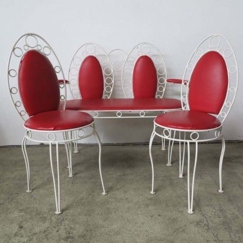 photo buy Vintage Bench With Two Metal Chairs.