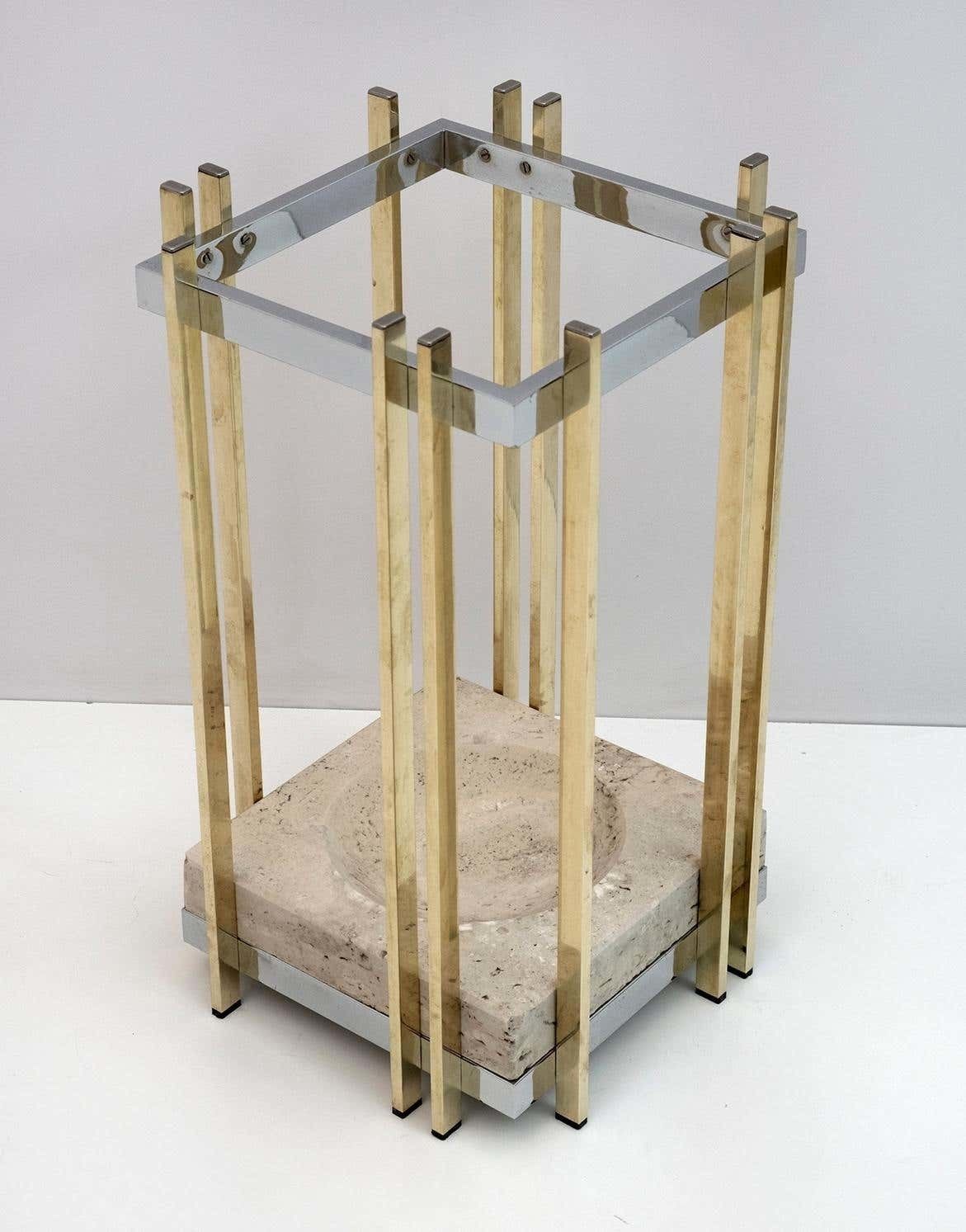 Mid Century Modern Italian Travertine, Chrome And Brass Umbrella Stands, 70s