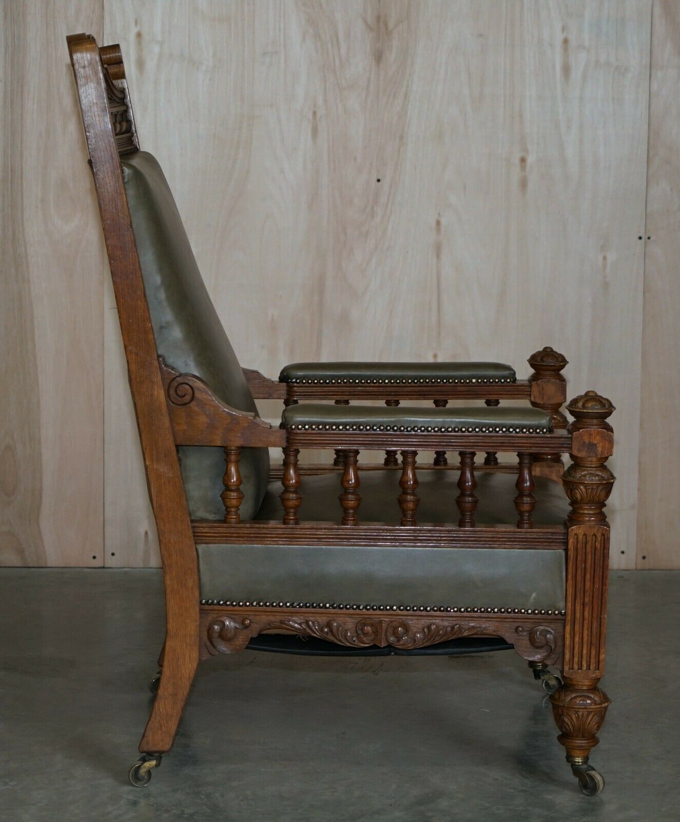 Furniture Antique Pair Of Ornately Carved Oak Framed Leather Victorian Throne Armchairs photo