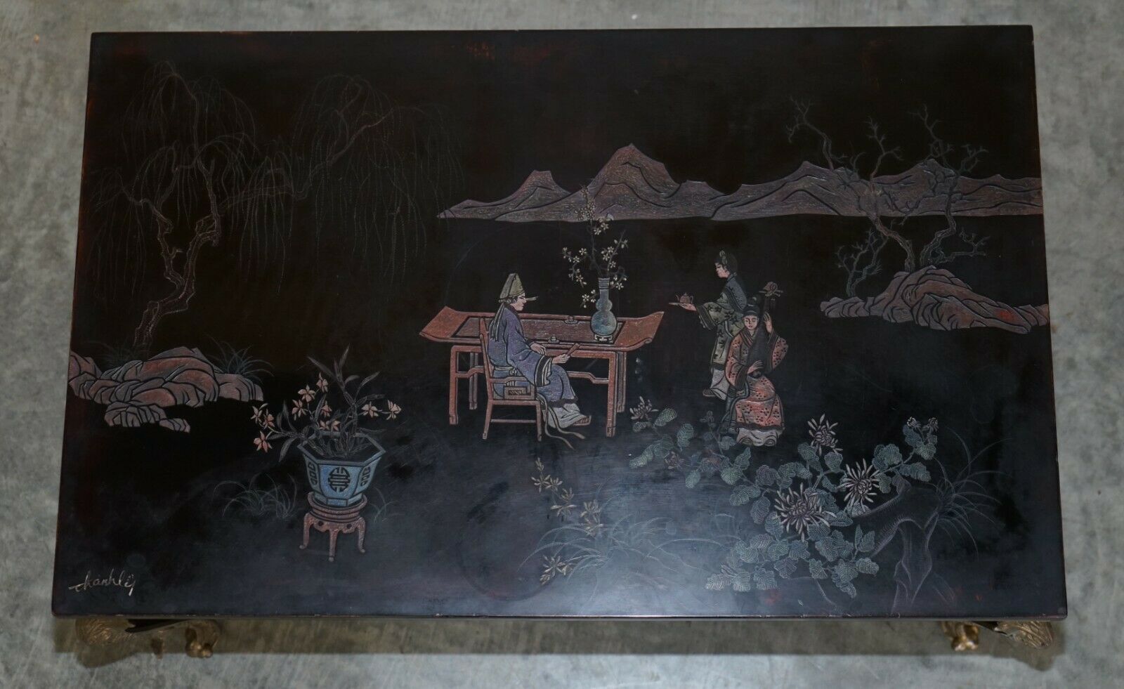 Lovely Vintage Signed Hand Painted Chinese Oriental Coffee Cocktail Side Table photo vintage