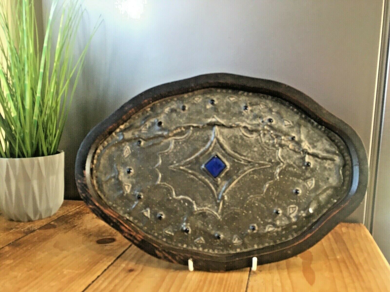 Arts & Crafts Hammered Pewter Cabochon Jewelled Wooden Tray Liberty Ruskin Style photo furniture