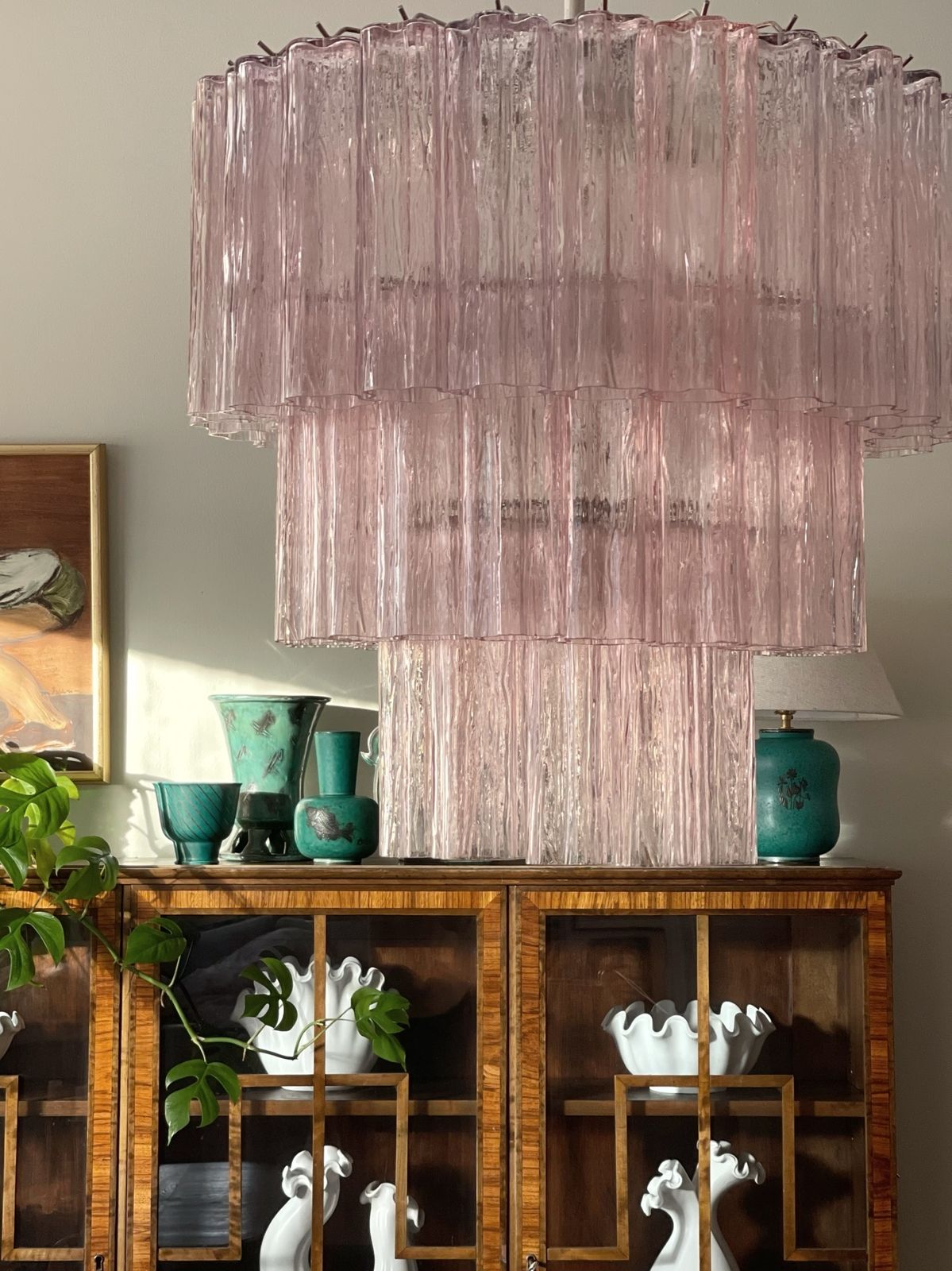 Pink Glass Murano Chandelier 'Tubular'. Large Size.
