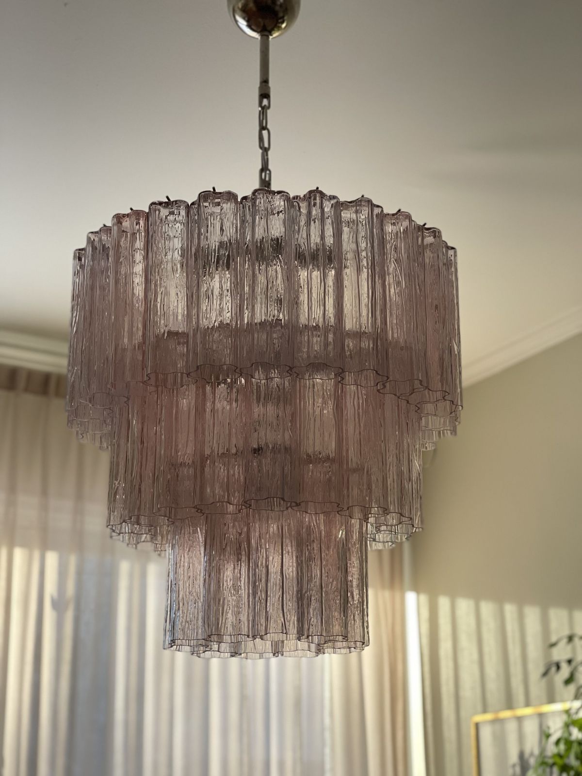 Pink Glass Murano Chandelier 'Tubular'. Large Size. photo vintage