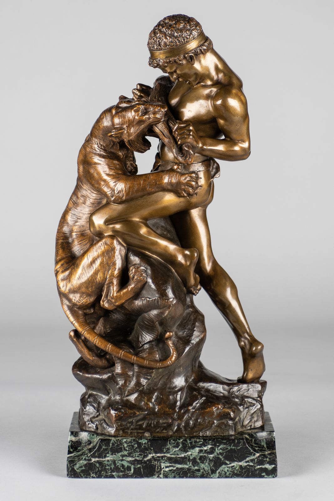 A Stunning 19th Century French Bronze Sculpture Of A Man Fighting A Tiger, Signed E.Drouot