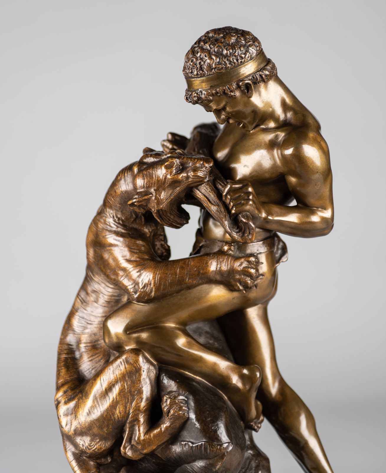 4750.0 A Stunning 19th Century French Bronze Sculpture Of A Man Fighting A Tiger, Signed E.Drouot photo