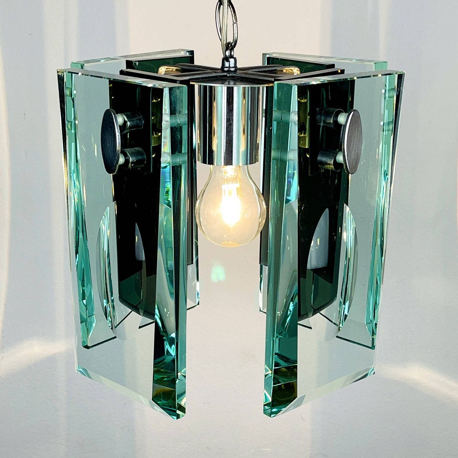 Rare Art Glass Pendant Lamp Italian Design By Fontana Arte Italy 70s Art Deco Mcm Mid Century Ceiling Lamp photo for sale