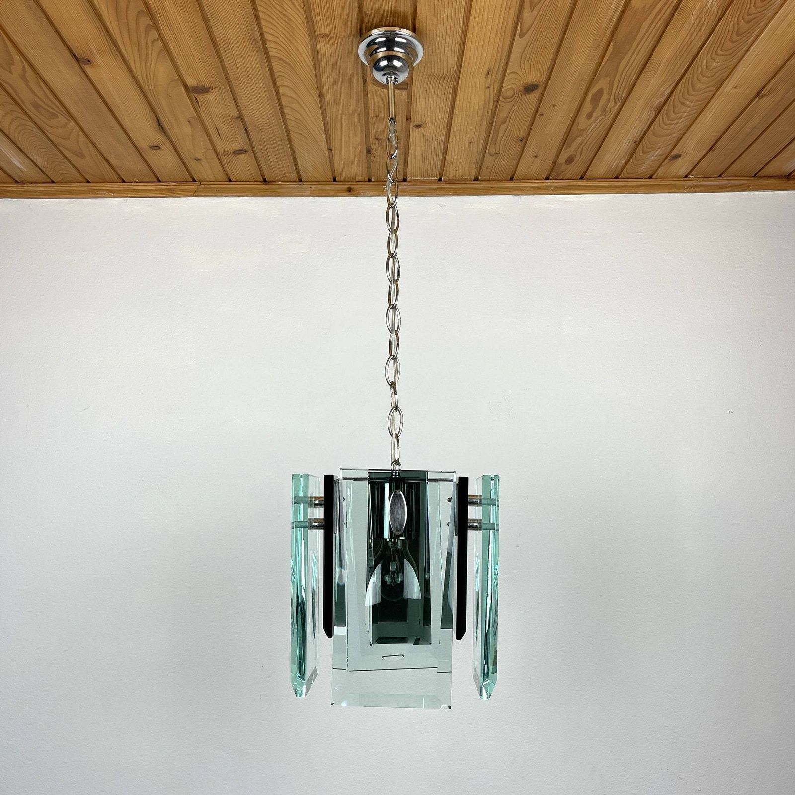 photo for sale Rare Art Glass Pendant Lamp Italian Design By Fontana Arte Italy 70s Art Deco Mcm Mid Century Ceiling Lamp