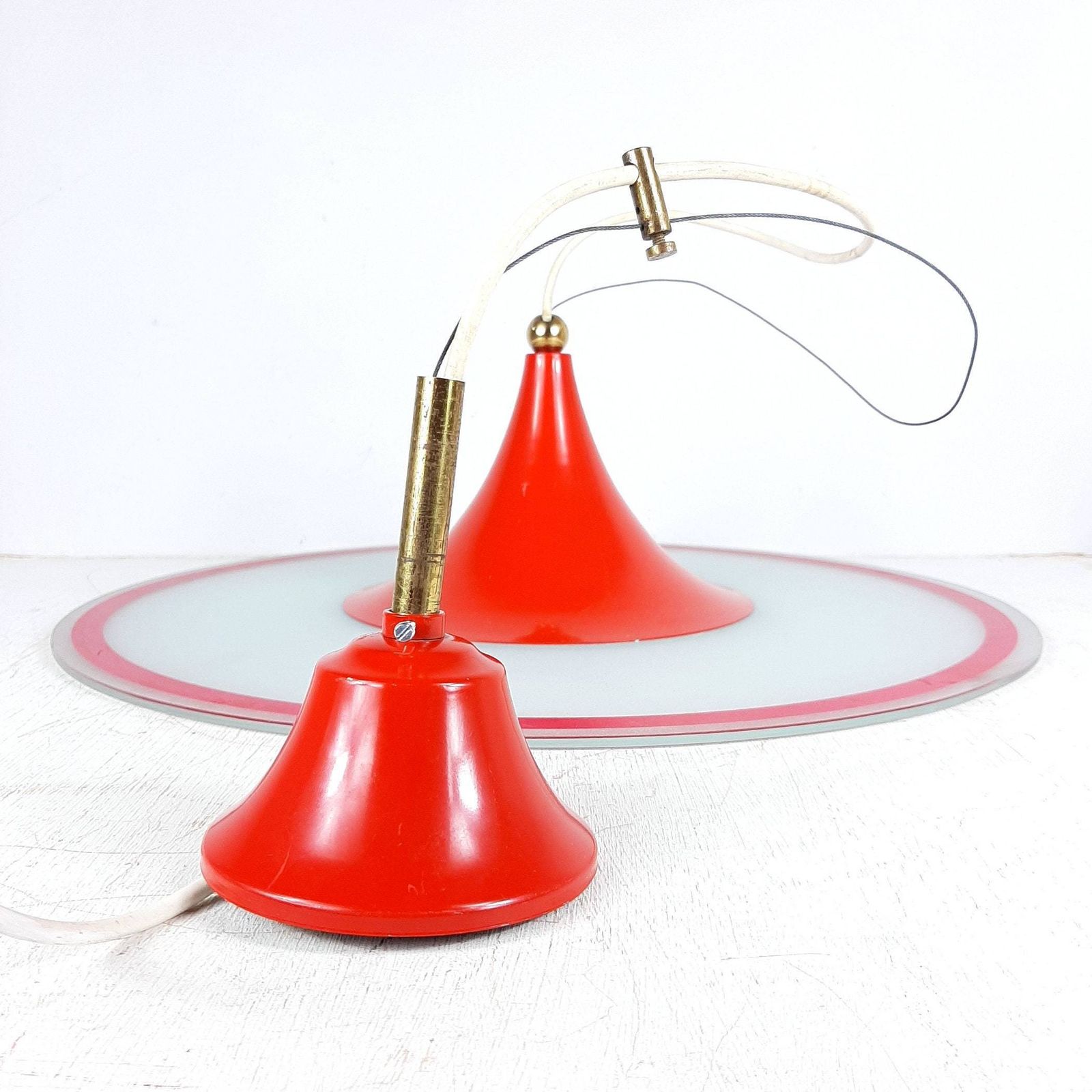 Mid Century Pendant Lamp Italy 60s Red Retro Chandelier Space Age Atomic Vintage Lighting photo vinterior