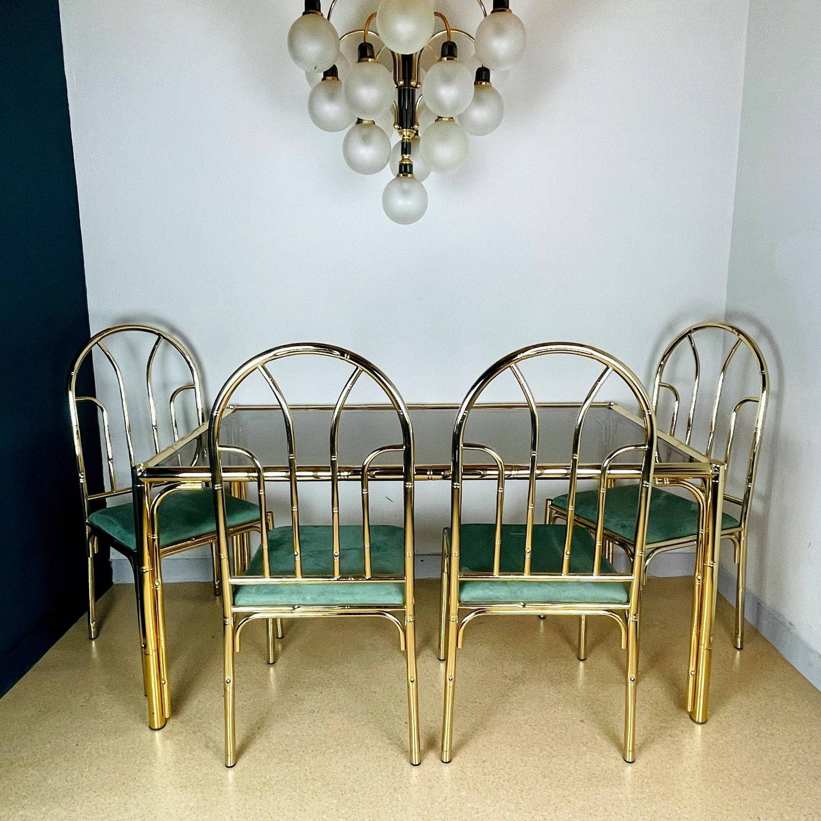 Set Vintage Messing Faux Bamboe Eetstoelen (4 Stuks) Met Bijpassende Tafel, Frankrijk, Jaren 1970, Mid Century Modern, Hollywood Regency