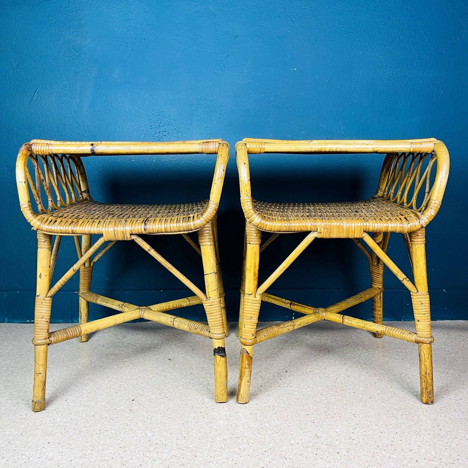 Pair Of Vintage Bamboo Nightstands Bedside Tables Italy 1960s End Table Night Side Furniture Modern Tiki Boho Chic Bohemian Rattan Wicker photo buy