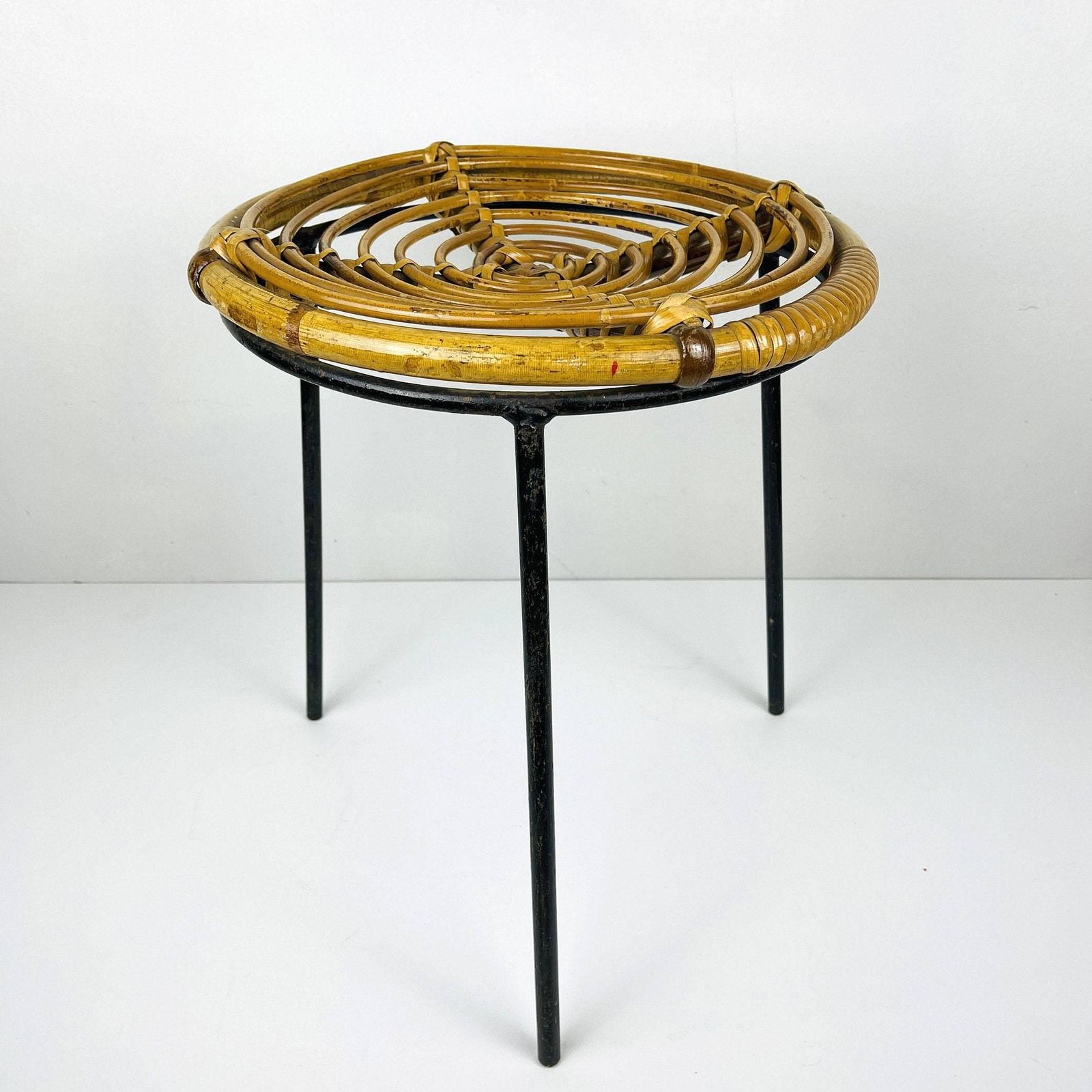 Vintage Bamboo Metal Stool Italy 1950s Mcm Modern Design Italian Rattan Furniture photo for sale