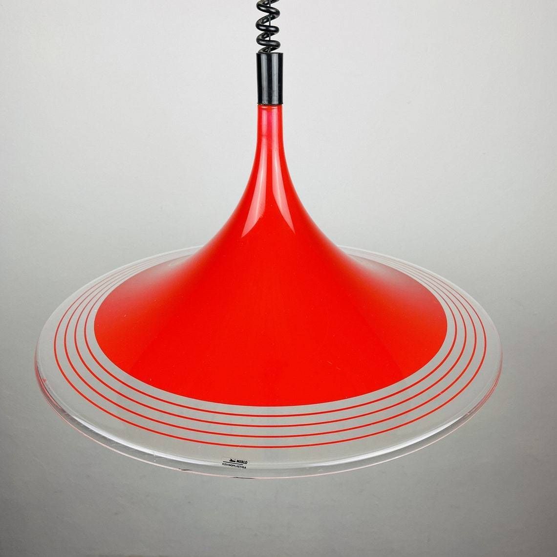 Mid Century Red Plastic Pendant Lamp Albatros Meblo Yugoslavia 1970s Space Age Atomic