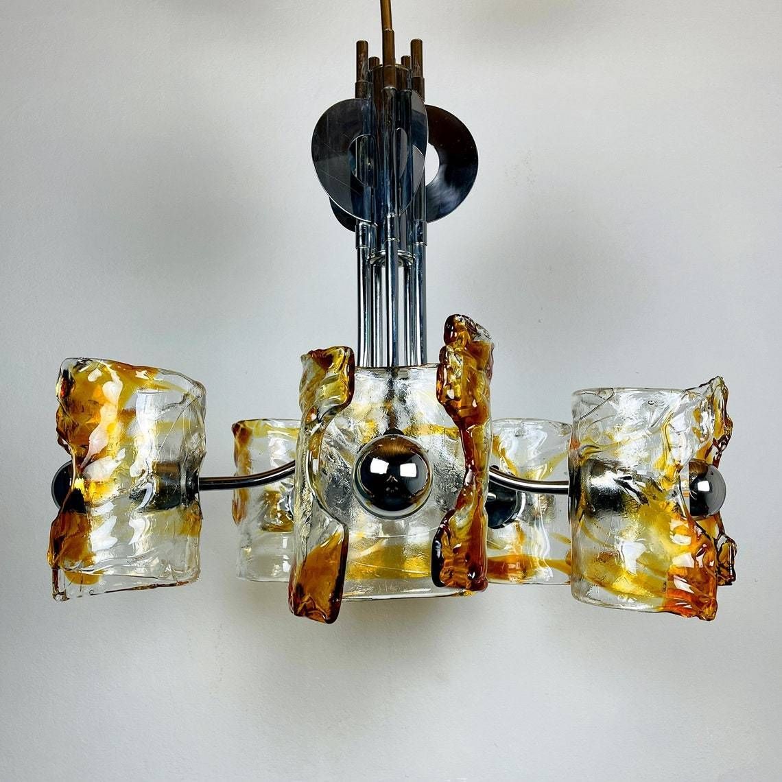 Mid Century Amber Murano Chrome Chandelier Mazzega By Toni Zuccheri Italy 1970s Space Age Sputnik Atomic Design