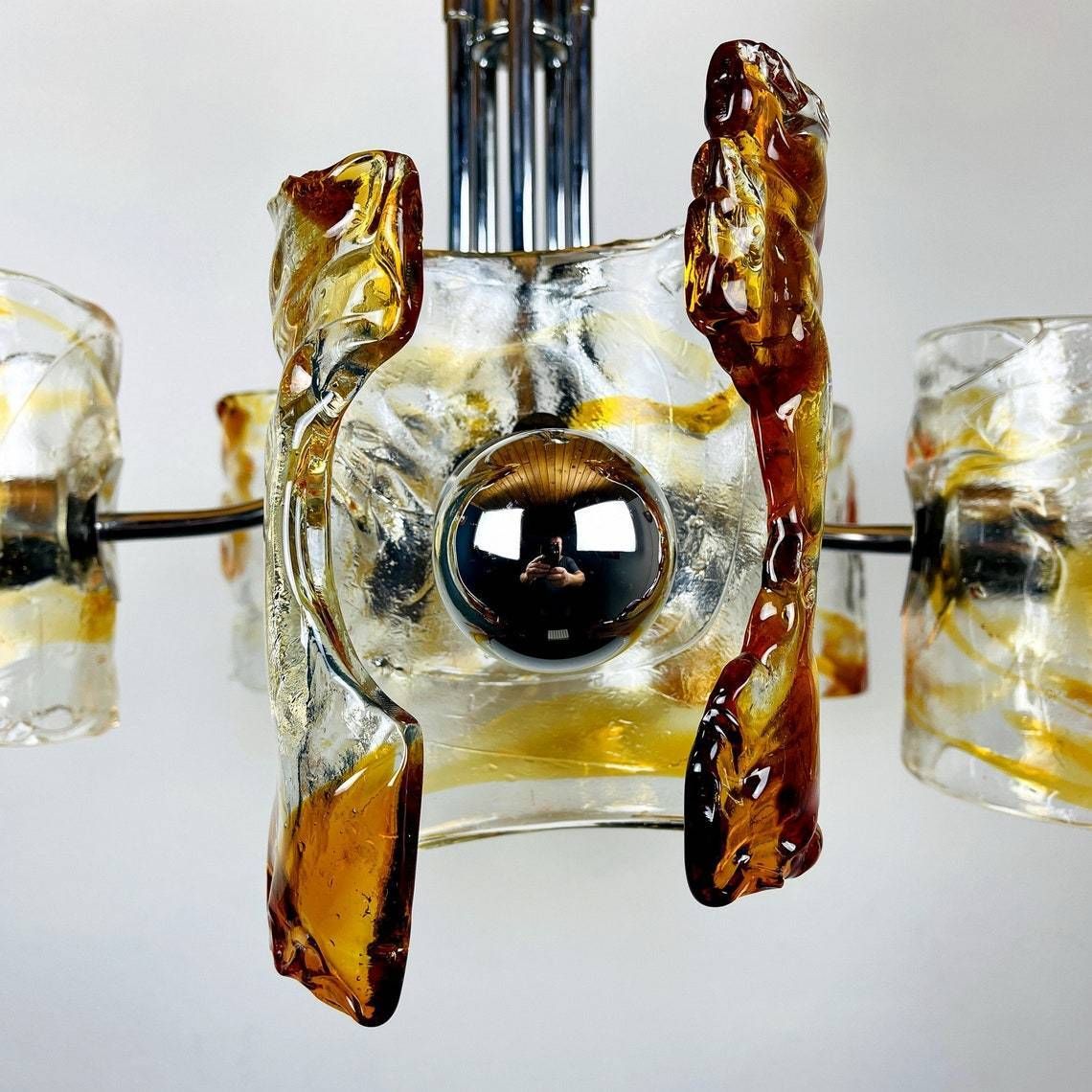 Mid Century Amber Murano Chroom Hanglamp Mazzega Door Toni Zuccheri, Italië, Jaren 1970, Space Age Sputnik Atomic Design photo vintage