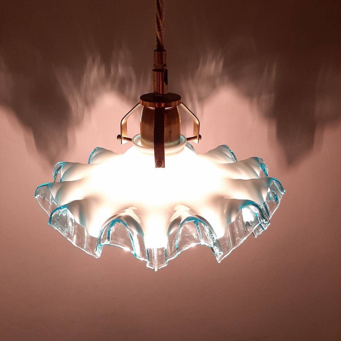 Vintage Small Pendant Lamp Italy 50s Blue White Glass Brass Retro Home Decor Farmhouse Cottage Style photo vinterior