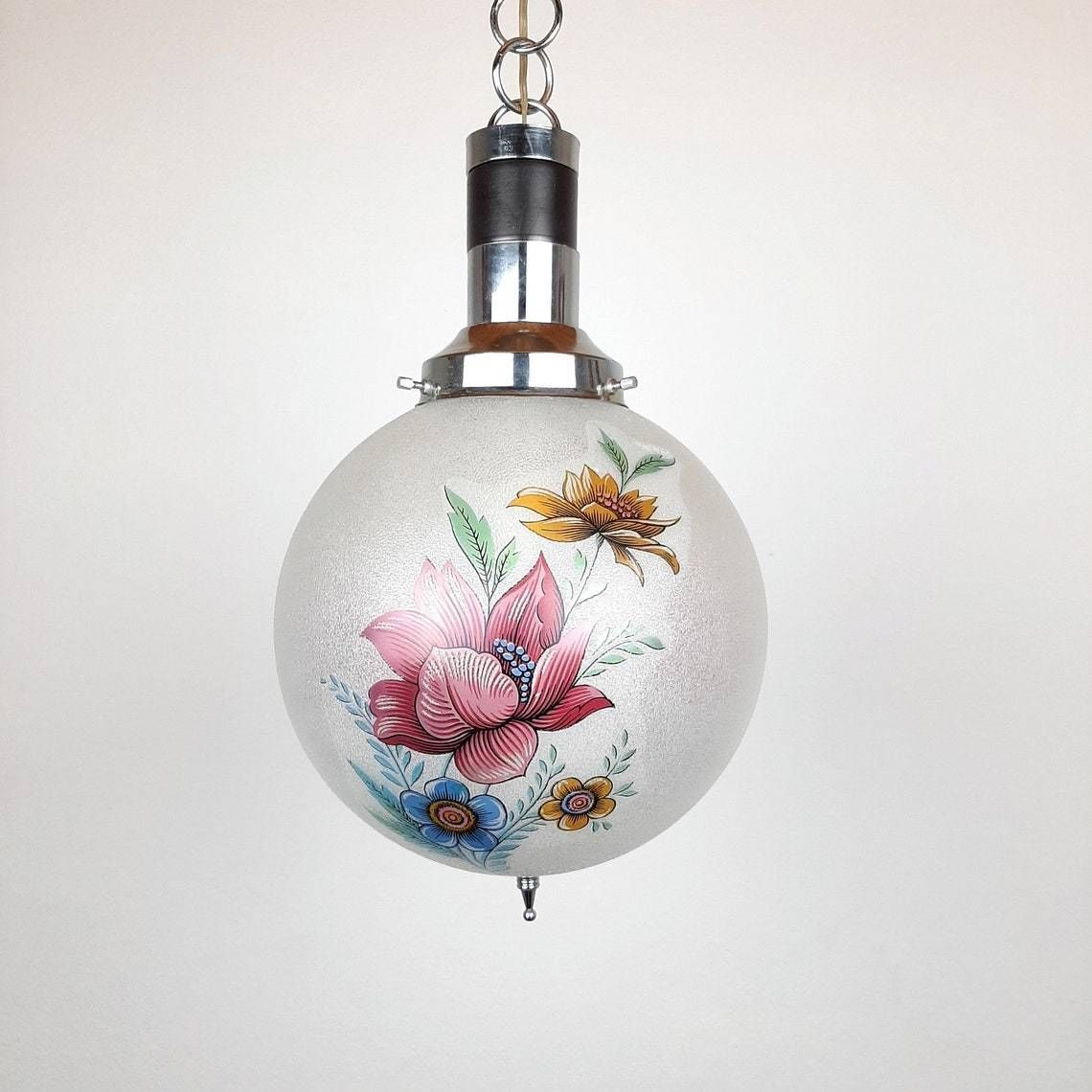Vintage Glazen Hanglamp Met Bloemenmotief – Italië, Ca. Jaren 1960 – Retro, Art Deco, Landelijk, Mid Century Verlichting