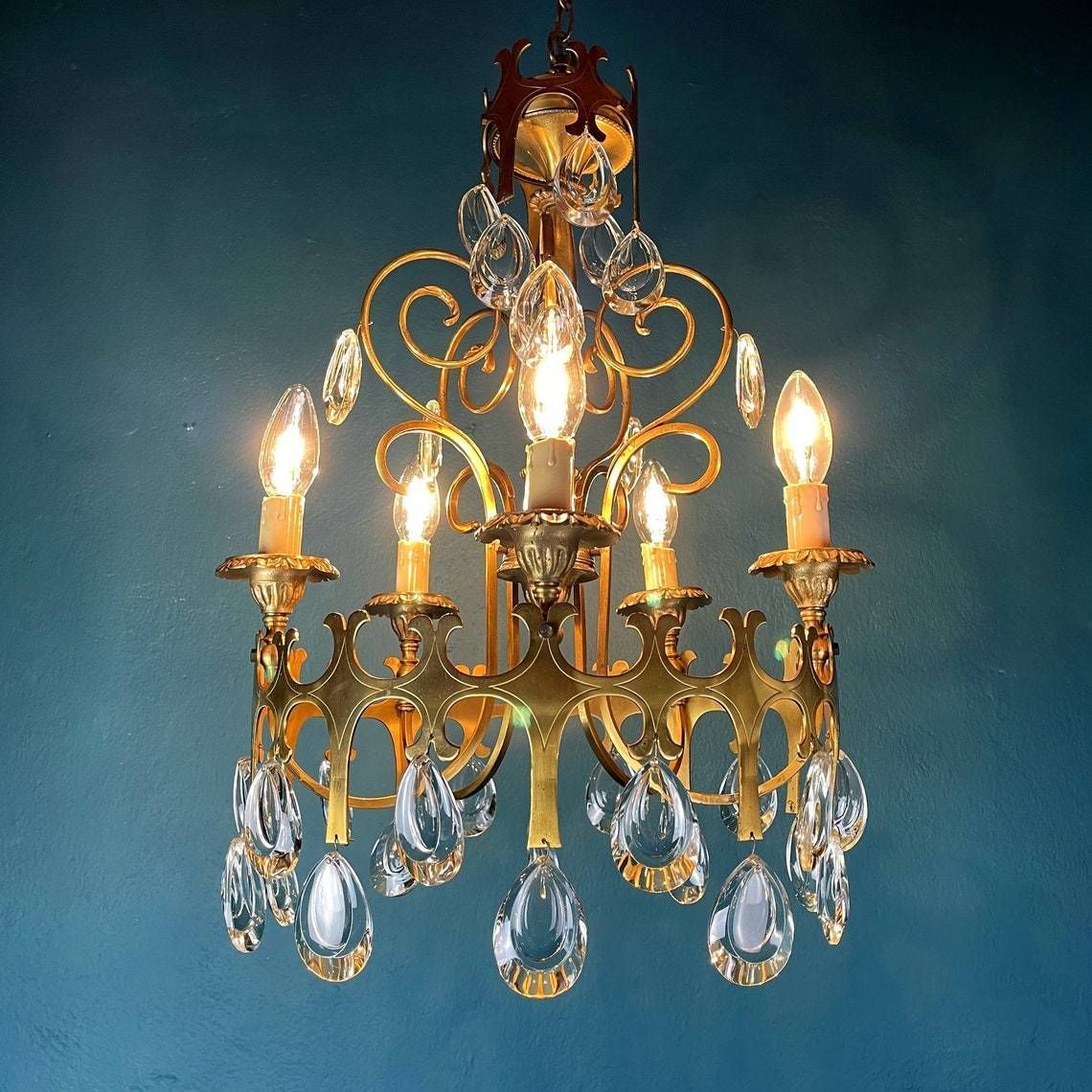 Vintage Chandelier With Crystal Drops Italy 1960s 5 Arms Bronze And Crystal Italian Chandelier