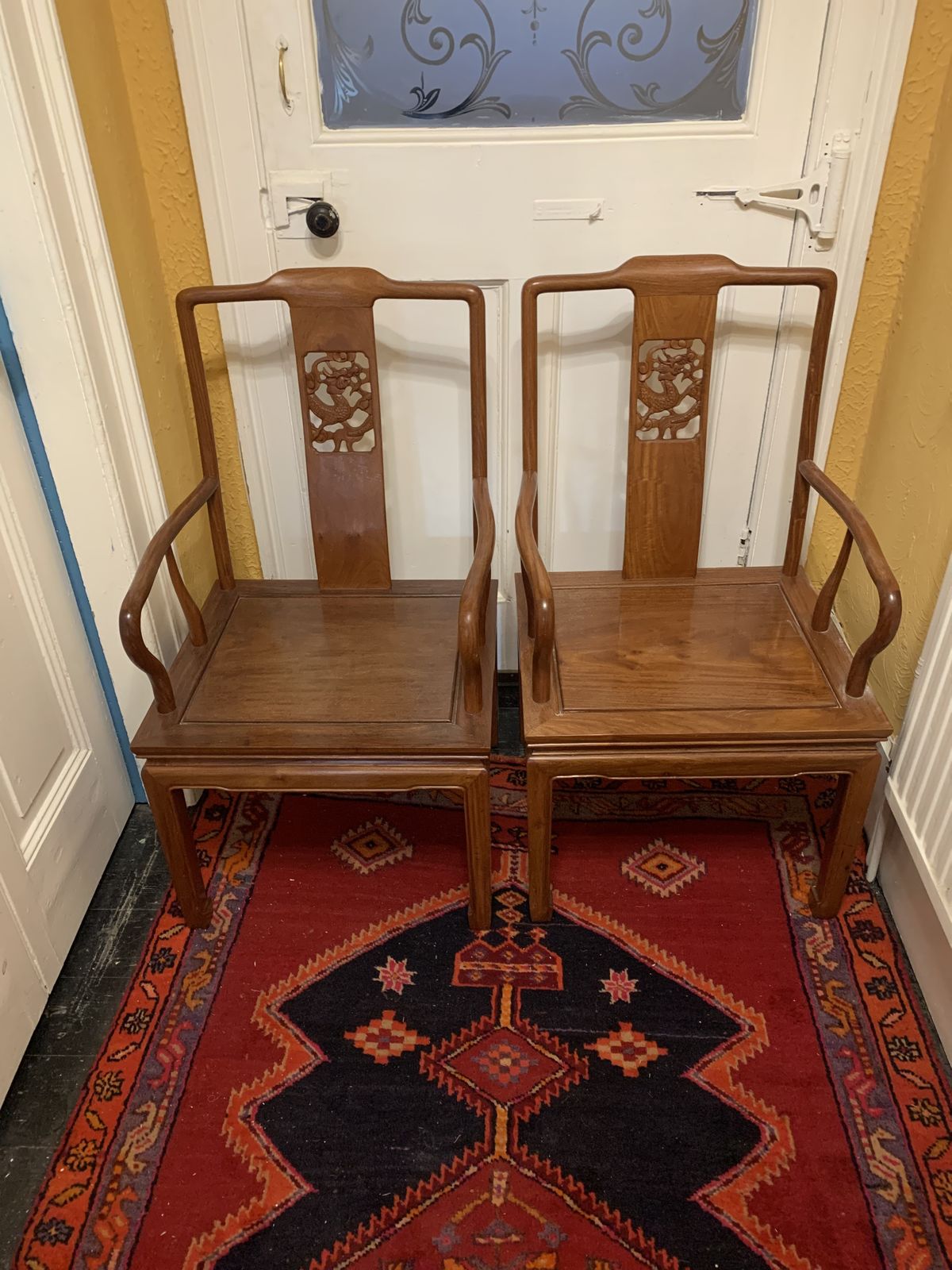 A Pair Of Rosewood Dragon Oriental Arm Chairs