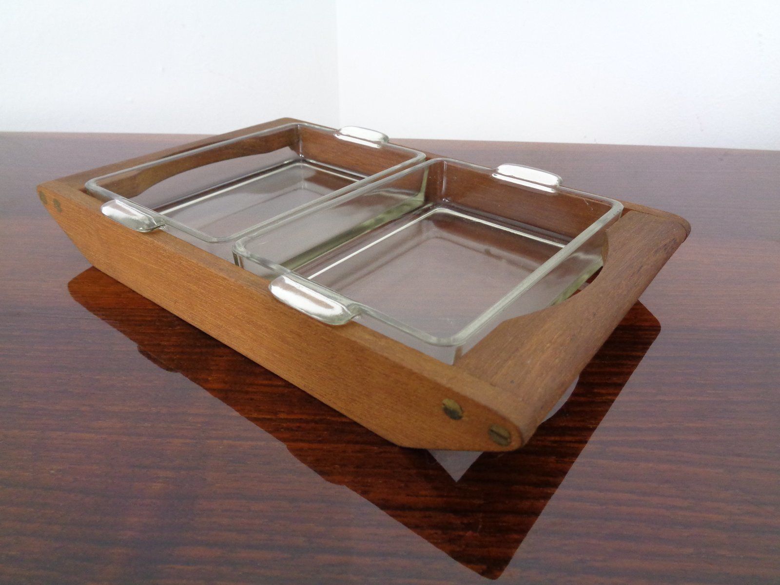 143.0 Danish Siam Teak Tray And Glass Bowls From Artiform, Set Of 2, 1960s photo