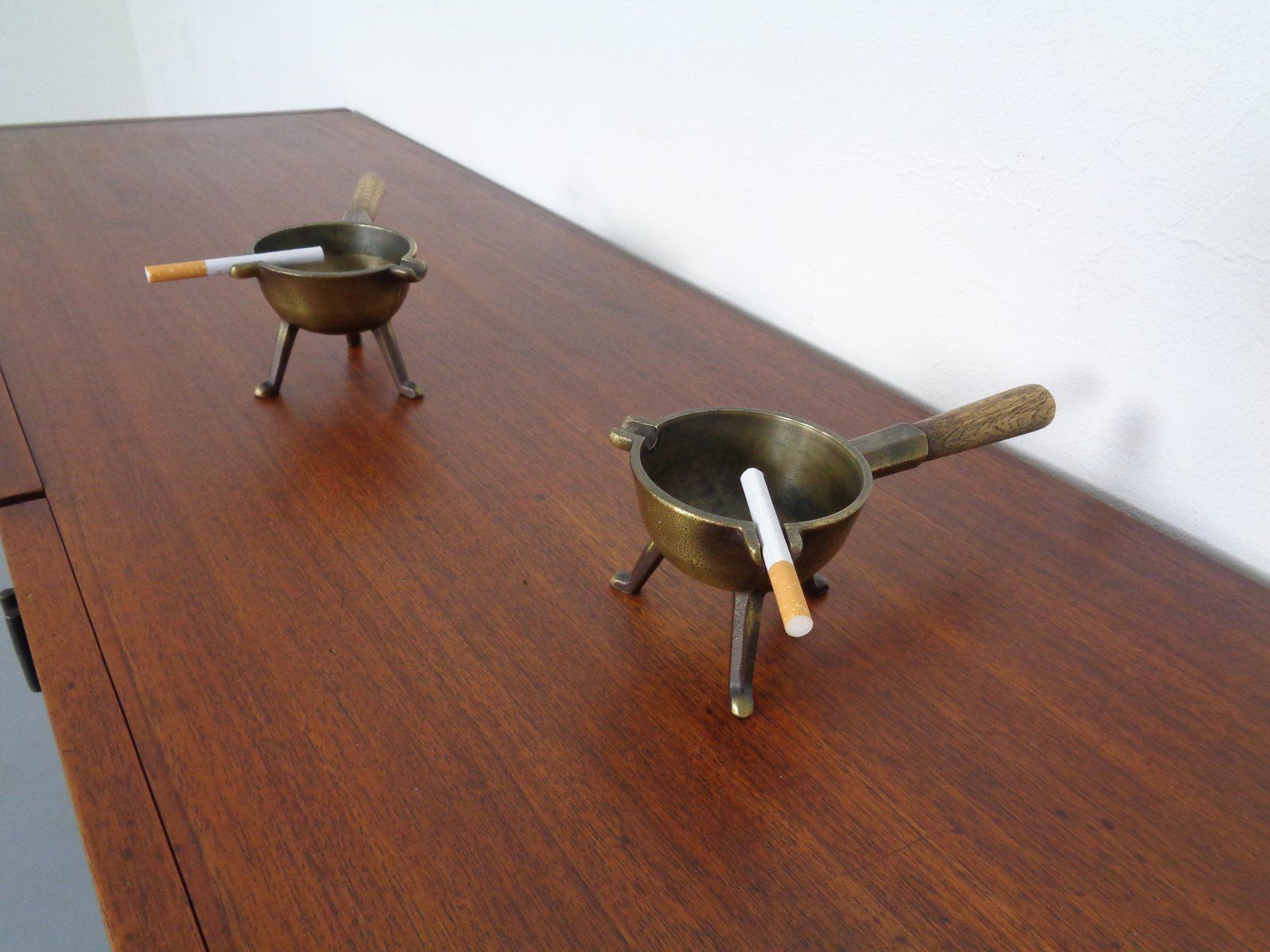 photo buy Mid Century Brass & Oak Ashtrays, 1960s, Set Of 2