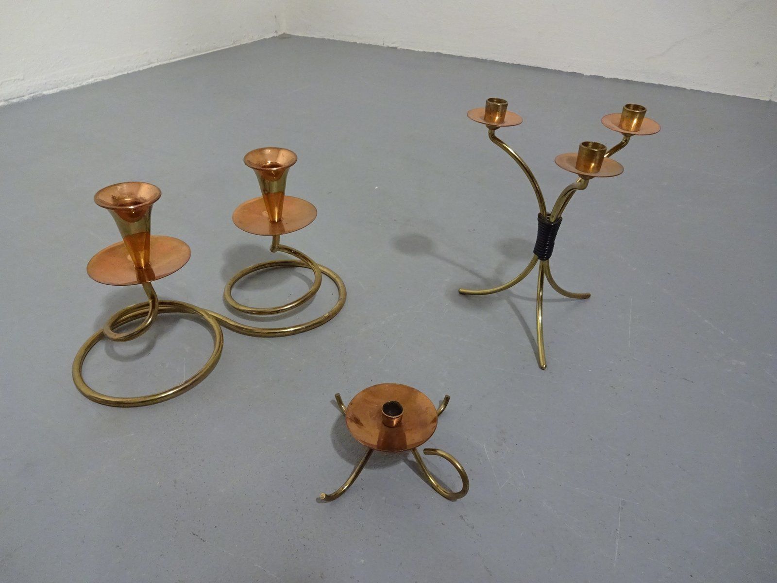 photo buy German Filigree Brass And Copper Candleholders 1960s Set Of 3