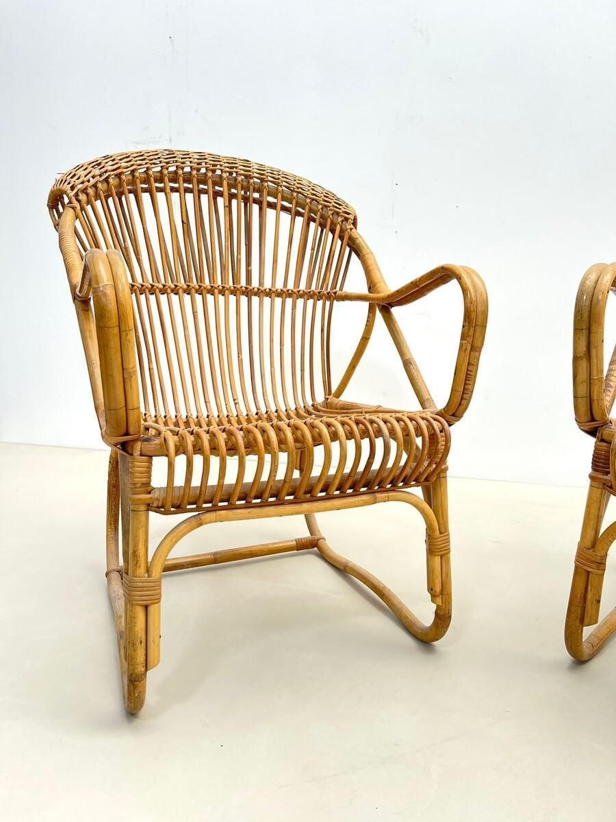 photo for sale Pair Of Mid Century Modern Rattan Armchairs, Italy, 1960s