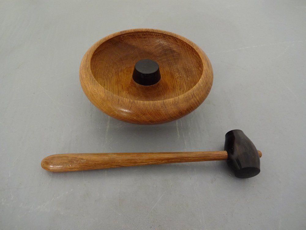 Vintage Danish Oak & Rosewood Nutcracker Bowl & Hammer Set 1960s