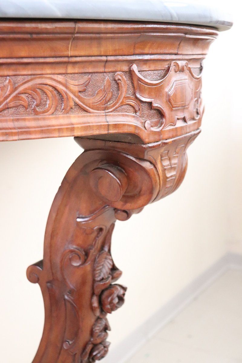 Antique Carved Wood Console Table With Marble Top 1850s photo furniture