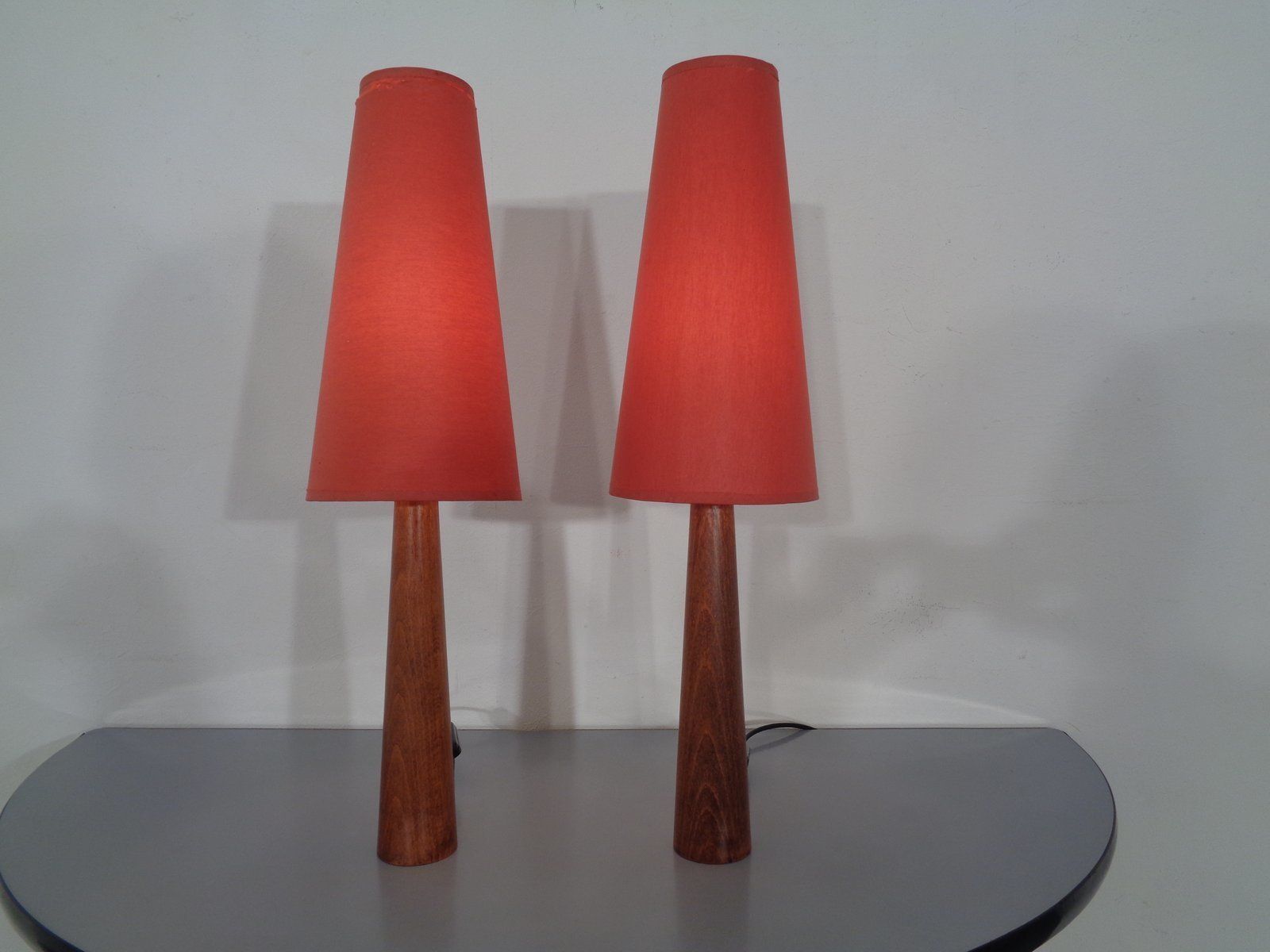 Mid Century Filigree Danish Teak Table Lamps, 1950s, Set Of 2