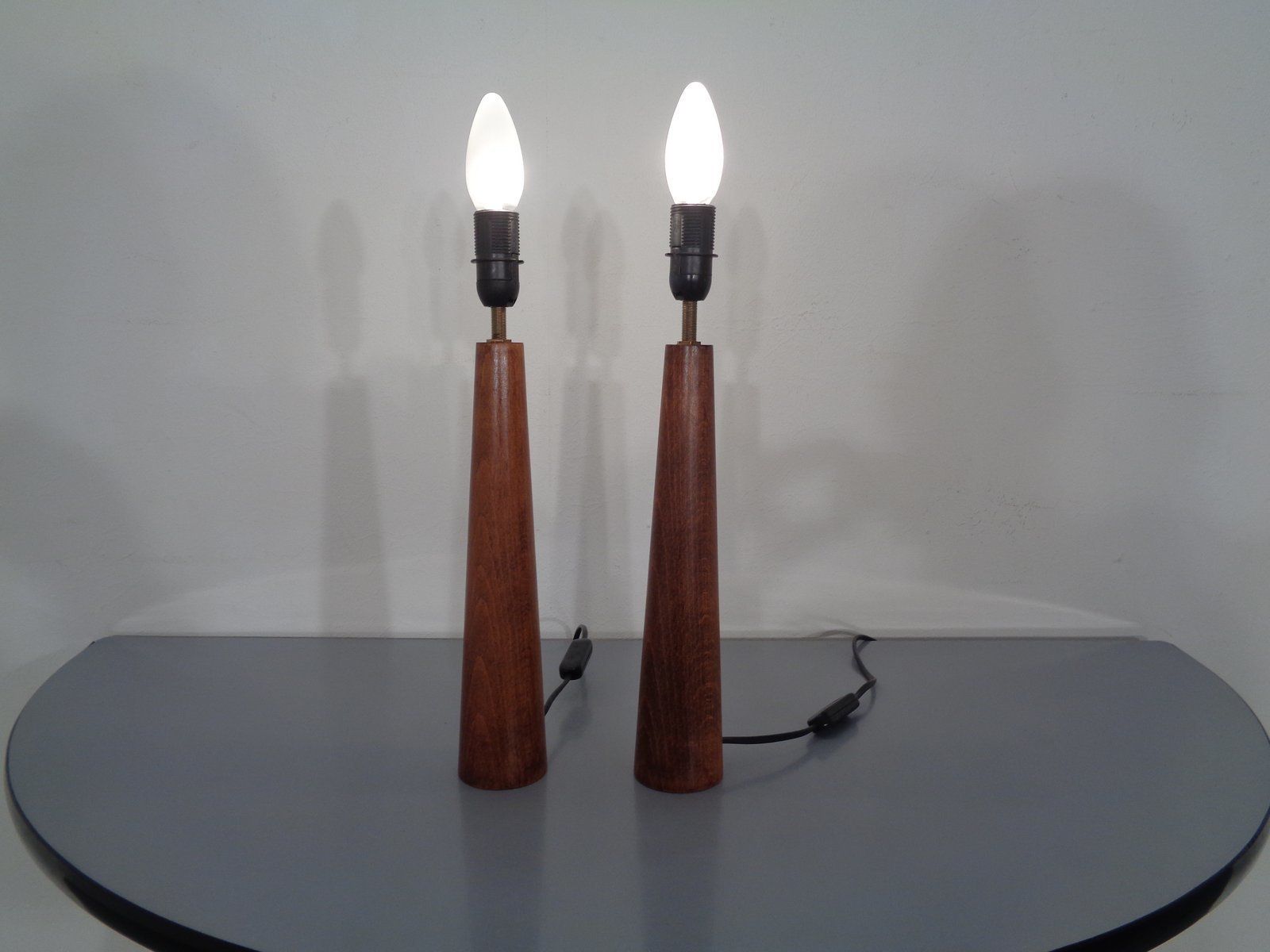 Mid Century Filigree Danish Teak Table Lamps, 1950s, Set Of 2 photo for sale