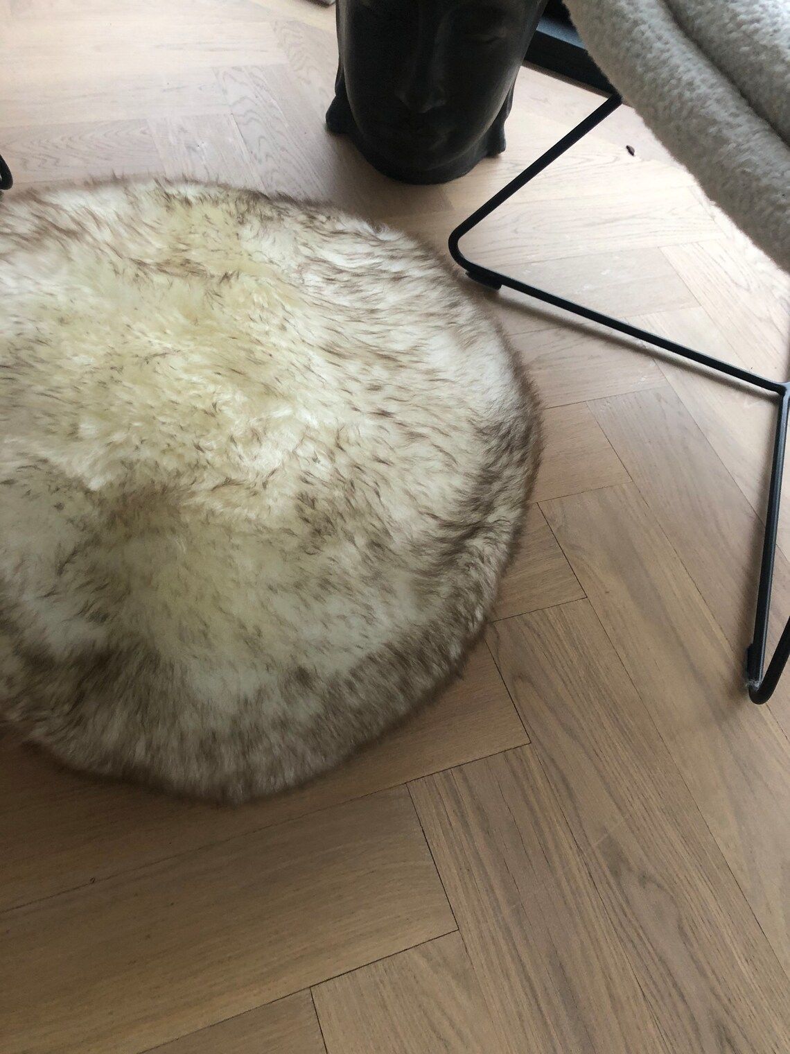 Ivory Sheepskin Pouffe With Brown Tips  Sheepskin Pouffe Sheepskin Footstool  Furry Pouffe  Fur Footstool  Interior Decor Luxury Stool photo vintage