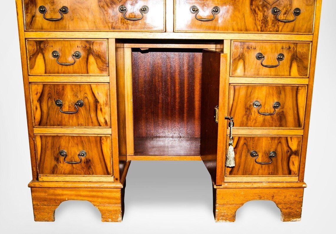 Antique Queen Anne Style Burr Wood Double Pedestal Kneehole Desk With Key photo vinterior