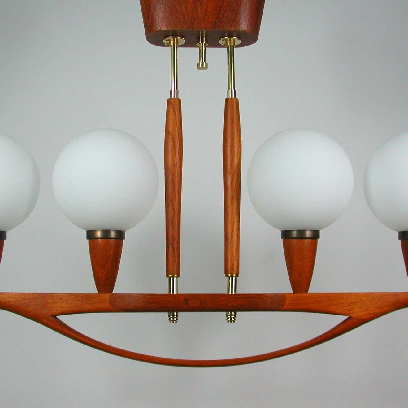 Midcentury Swedish Modern Teak And Satin Glass Chandelier, 1960s photo vinterior