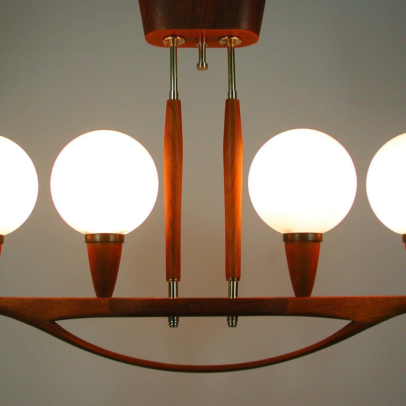 Midcentury Swedish Modern Teak And Satin Glass Chandelier, 1960s photo buy