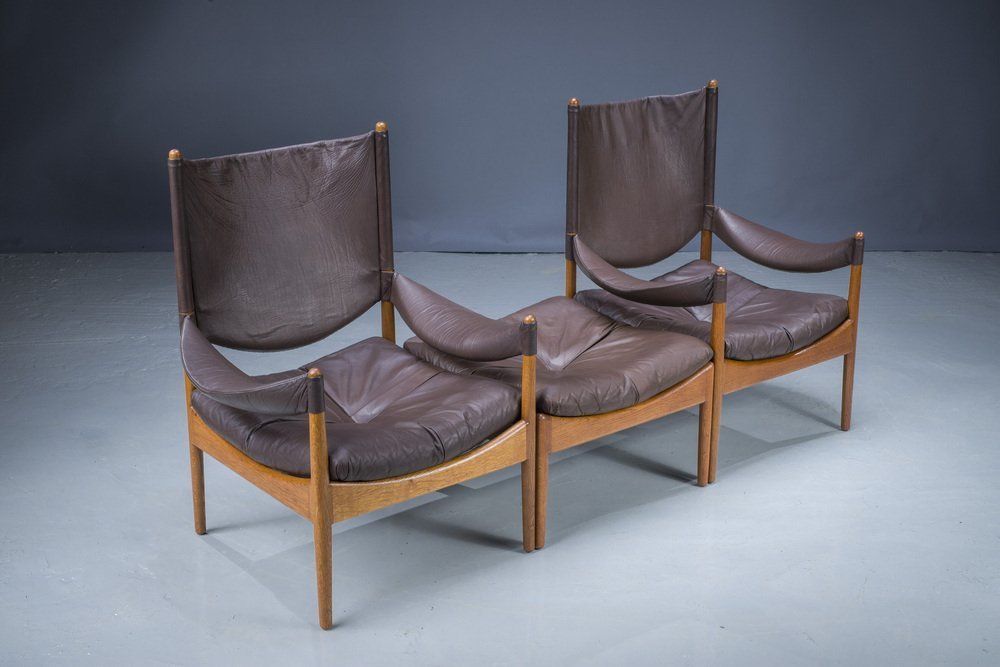 Mid Century Danish Oak & Leather Lounge Chairs & Footstools By Kristian Vedel For Søren Wiladsen, 1960s, Set Of 3 photo Furniture