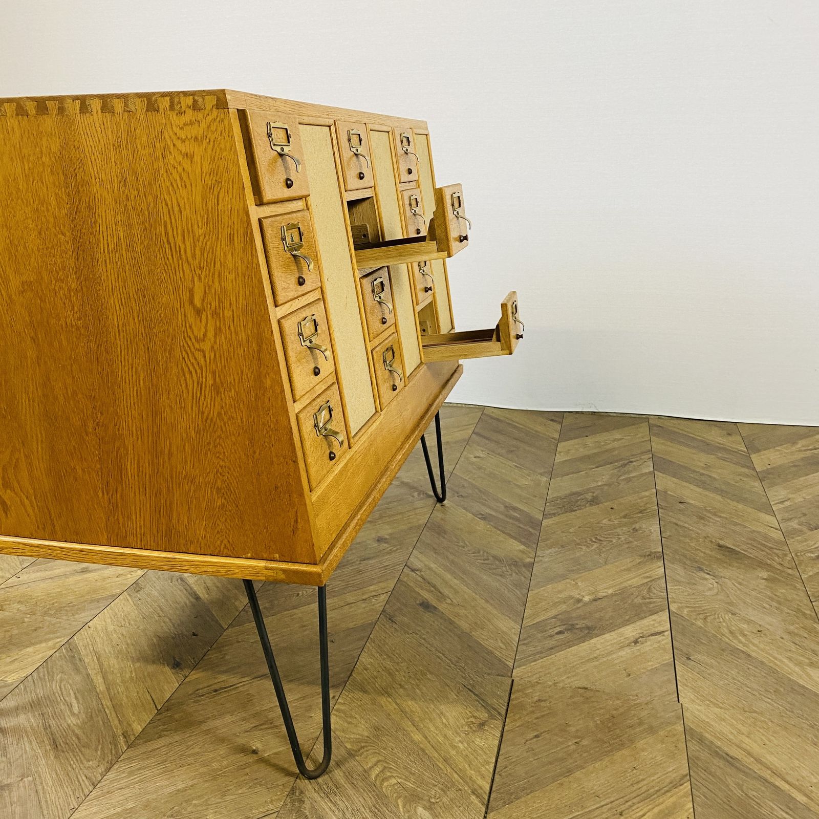 Mid Century Oak 24 Drawer Index Card Filing Cabinet, Double Sided photo vintage