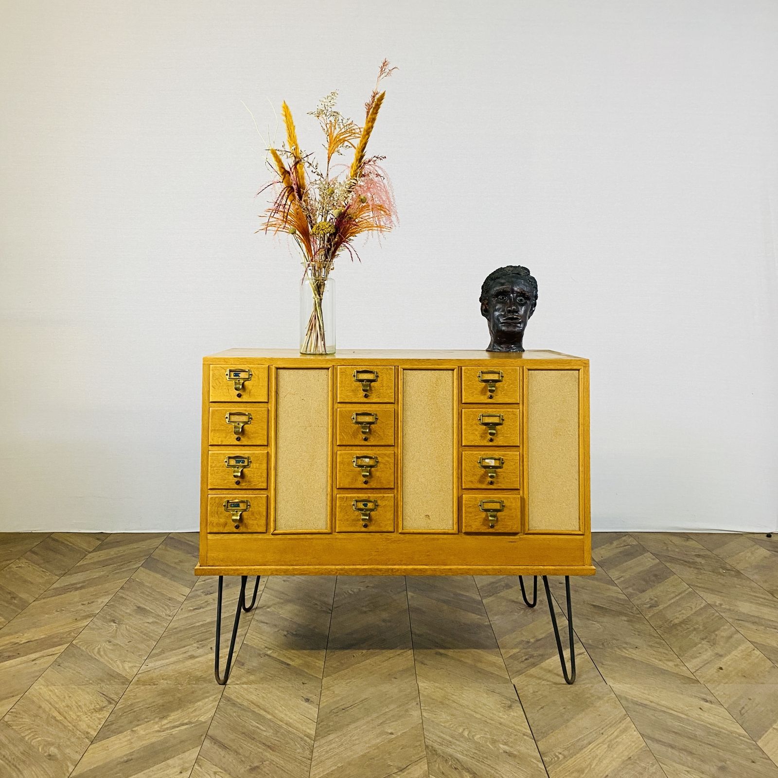 photo furniture Mid Century Oak 24 Drawer Index Card Filing Cabinet, Double Sided