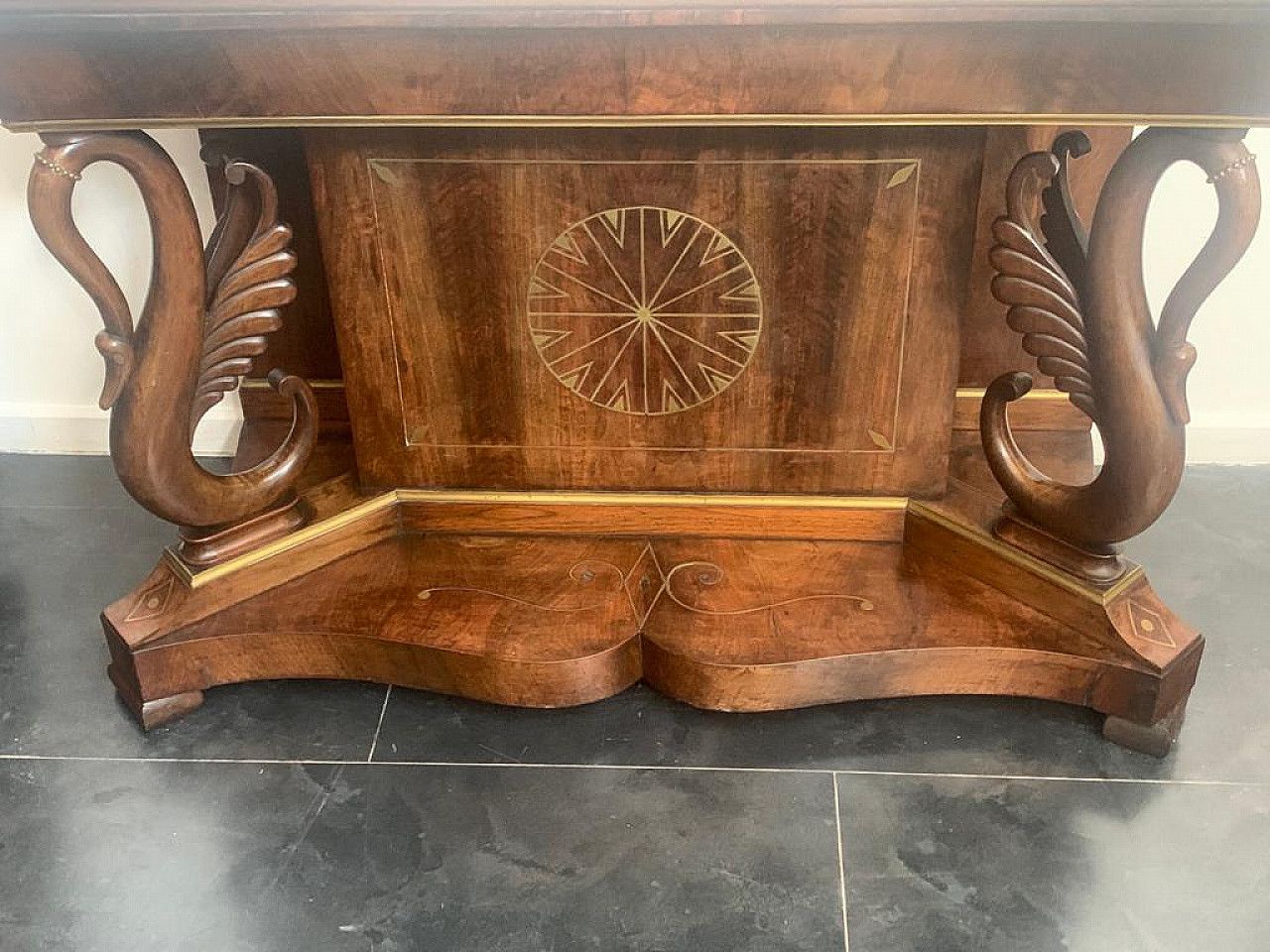 Console With Mirror In Walnut With Brass Inlays And Details, 18th Century photo vintage