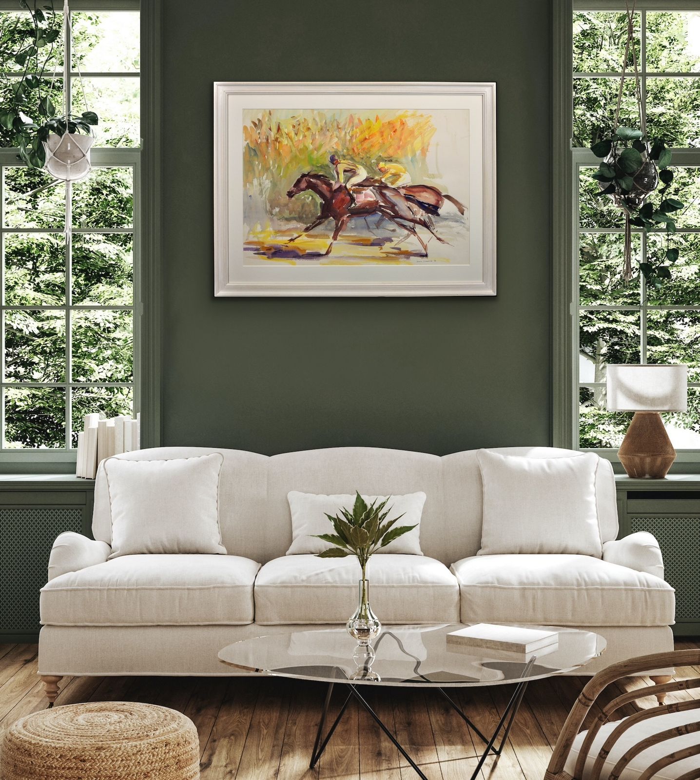 photo vinterior John Rattenbury Skeaping 1901 To 1990. English. On The Gallops, 1976. Framed Gouache & Watercolour. Equine. Jockeys. Horse Racing Painting.
