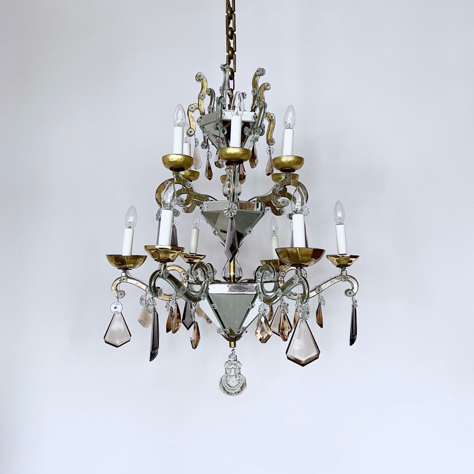 Large French Art Deco Mirrored Chandelier With Cut Crystal Drops