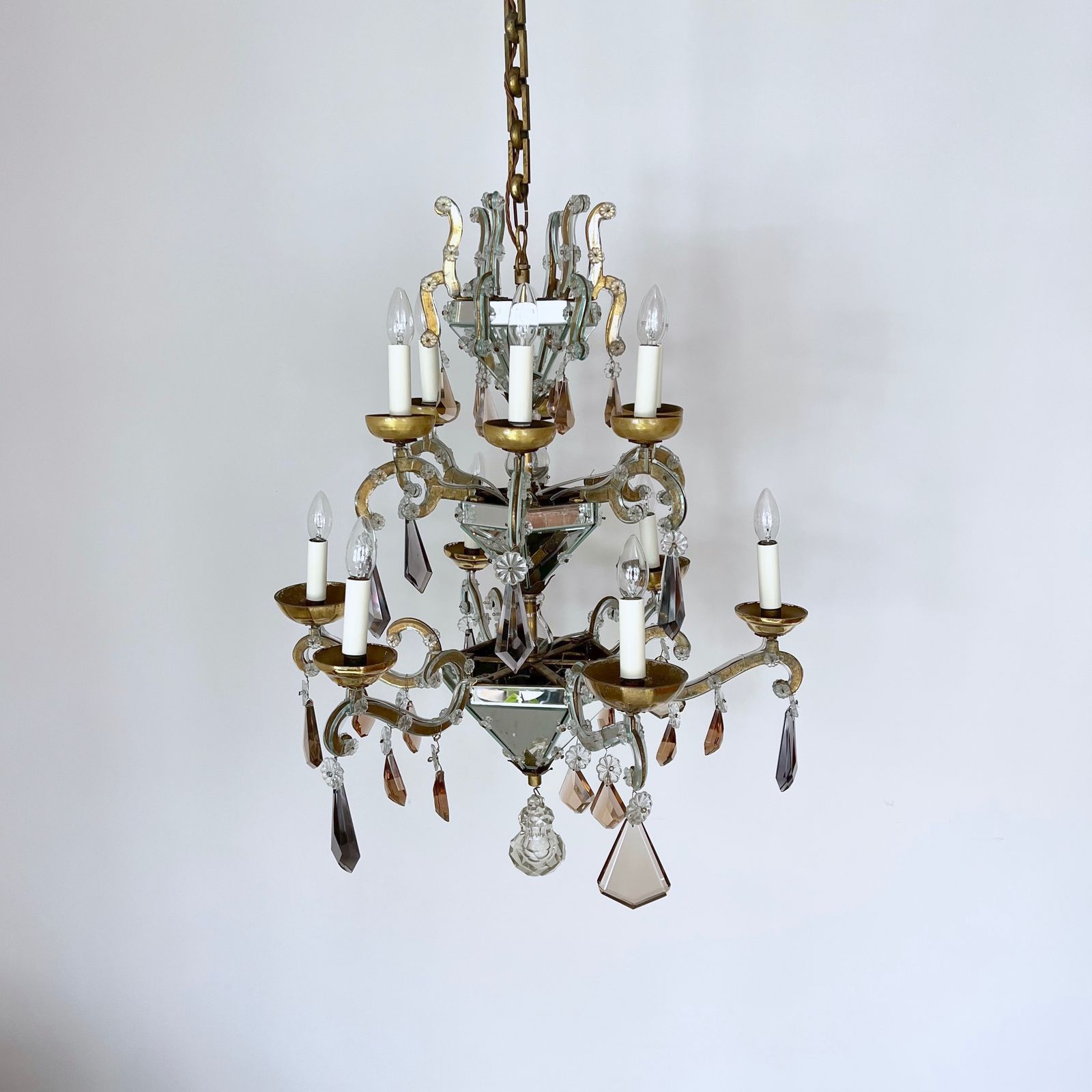 Large French Art Deco Mirrored Chandelier With Cut Crystal Drops photo for sale