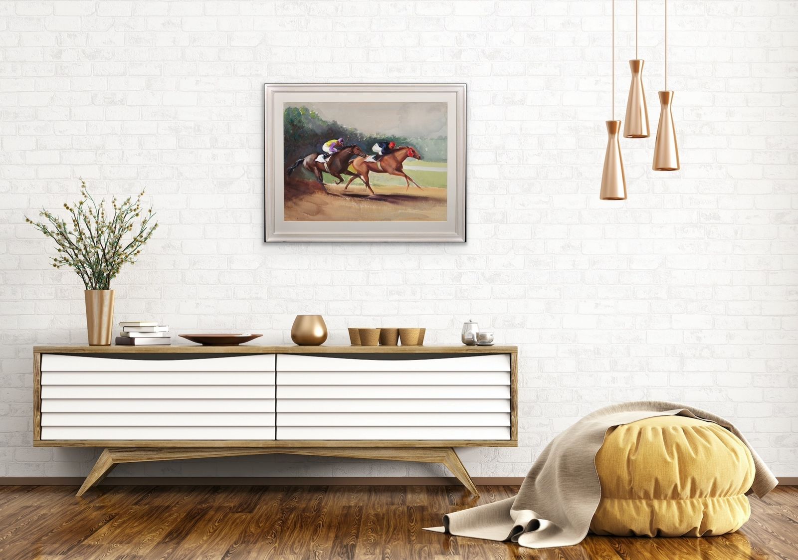 photo buy John Rattenbury Skeaping 1901 To 1990.  English. A Tight Finish, 1970. Framed Mid 20th Century Horse Racing Painting By An Acclaimed Equine Artist.