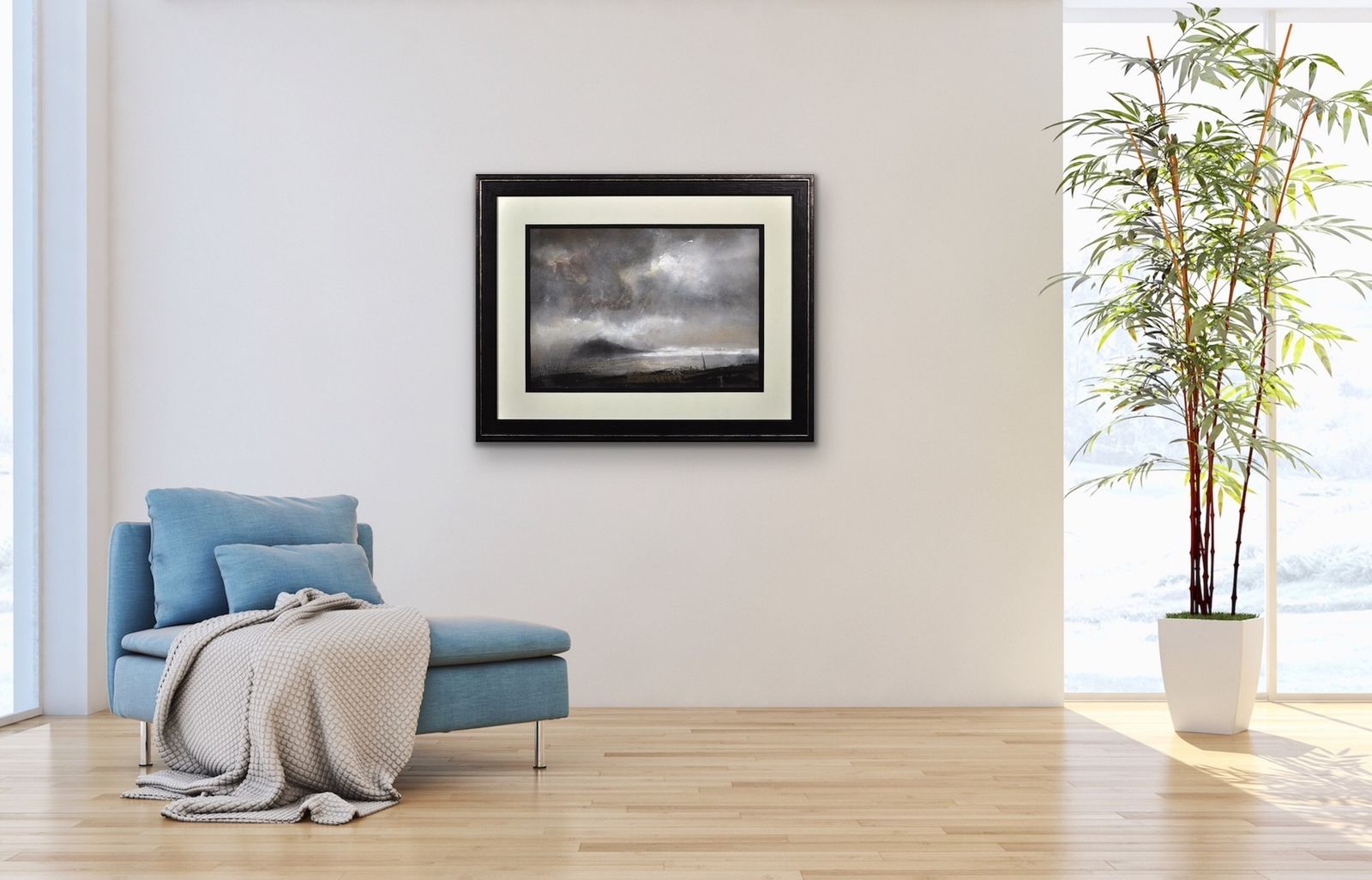 photo vinterior William Selwyn B.1933. Swnt Enlli – Bardsey Sound. Framed Welsh Watercolour Painting. Wales Coastal Landscape. Rain Clouds And Sunshine.