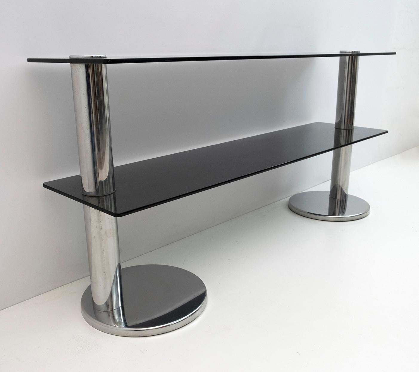 Furniture Mid Century Modern Italian Chromed Steel And Smoked Glass Console, 1970s photo
