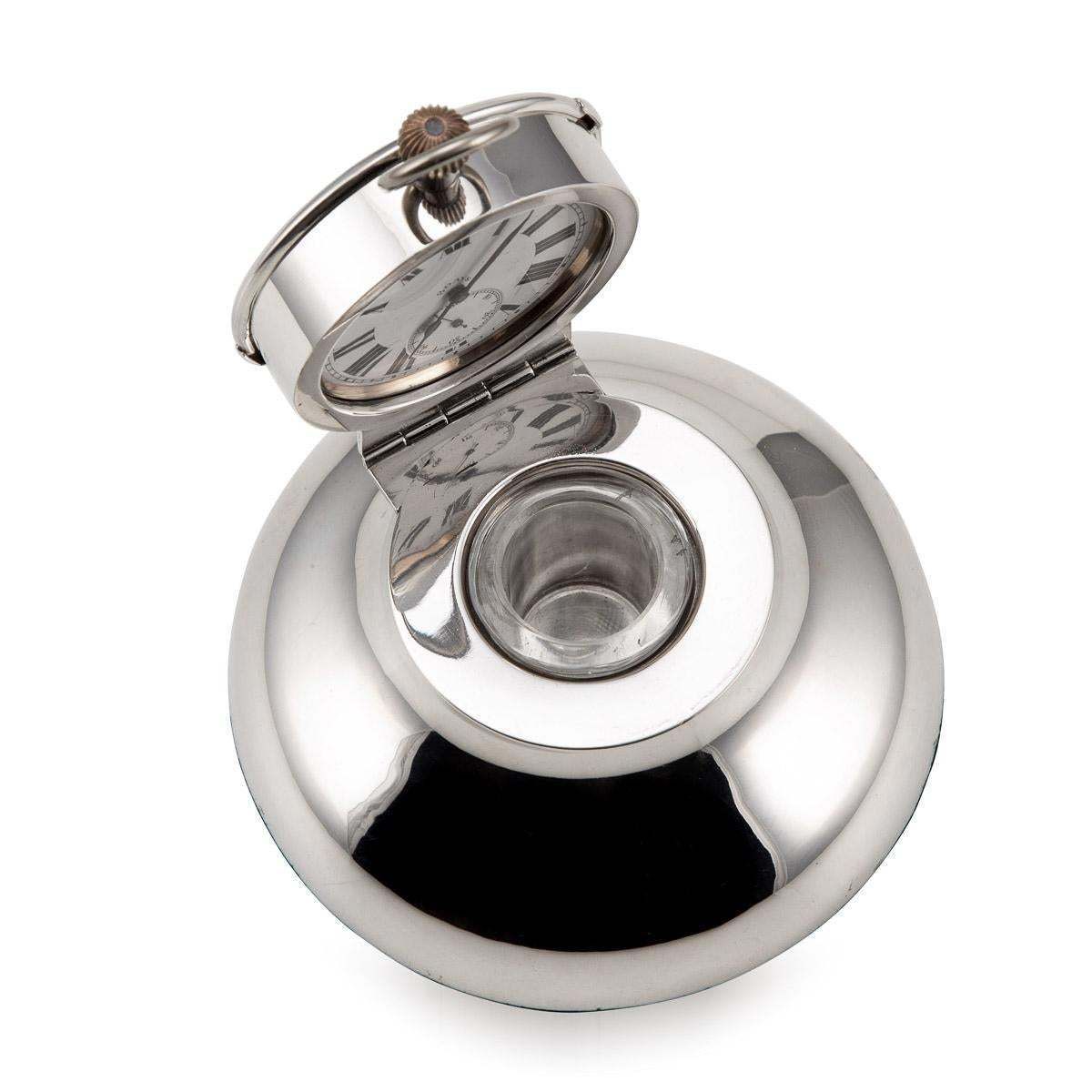 20th Century Edwardian Solid Silver & Glass Inkwell With Clock, Chester, C.1907 photo for sale